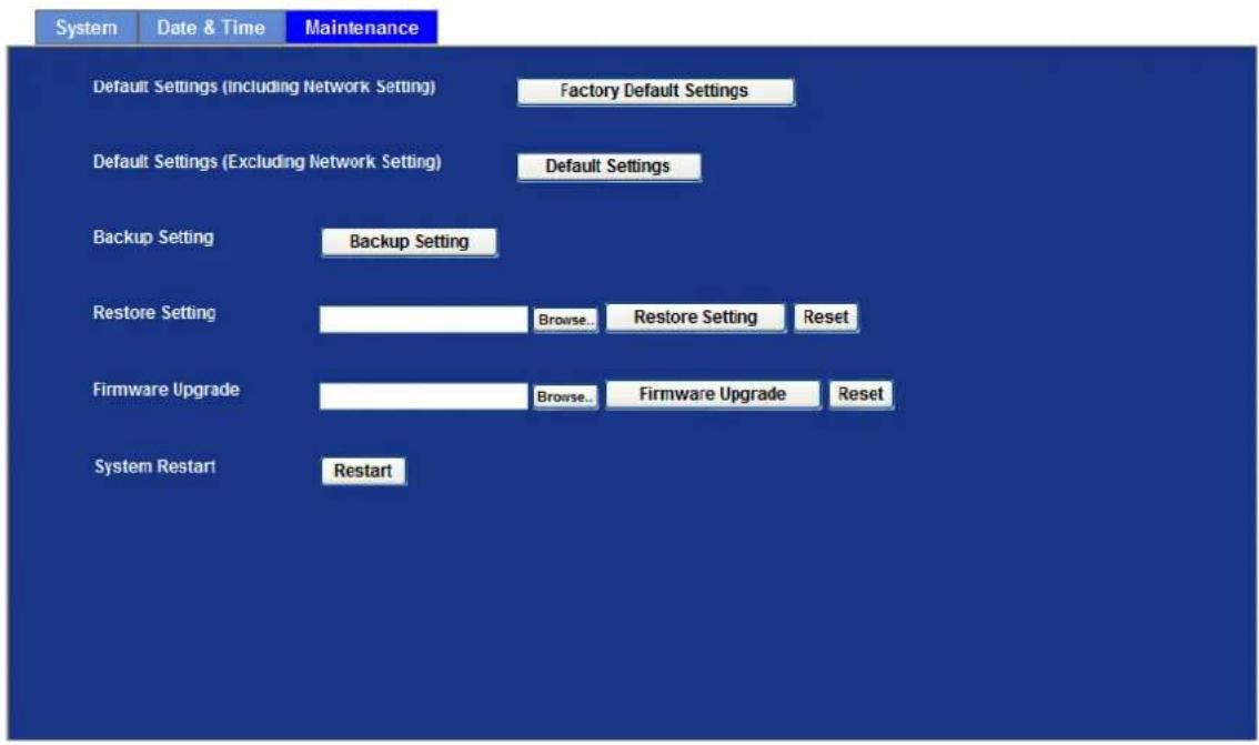 System Date & Time Maintenance Default Settings (including Network Setting) Factory Default Settings Default Settings (Excluding Network Setting) Default Settings Backup Setting Backup Setting Restore Setting Browse... Restore Setting Reset Firmware Upgrade Browse... Firmware Upgrade Reset System Restart Restart
