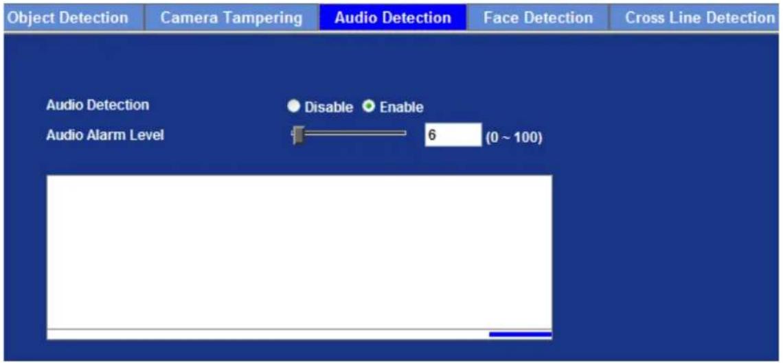 Object Detection Camera Tampering Audio Detection Face Detection Cross Line Detection Audio Detection Disable Enable Audio Alarm Level 6 (0 ~ 100)