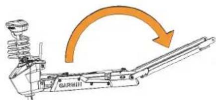 Technical diagram of a mechanical assembly with labeled components and an orange arrow indicating rotation or motion direction.