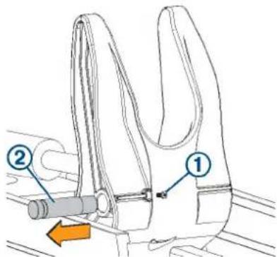 Technical diagram of a mechanical clamp or clamp device with labeled parts 1 and 2, showing a directional arrow indicating movement.