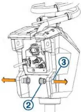 Technical diagram of a mechanical assembly with numbered components and directional arrows indicating motion or flow.