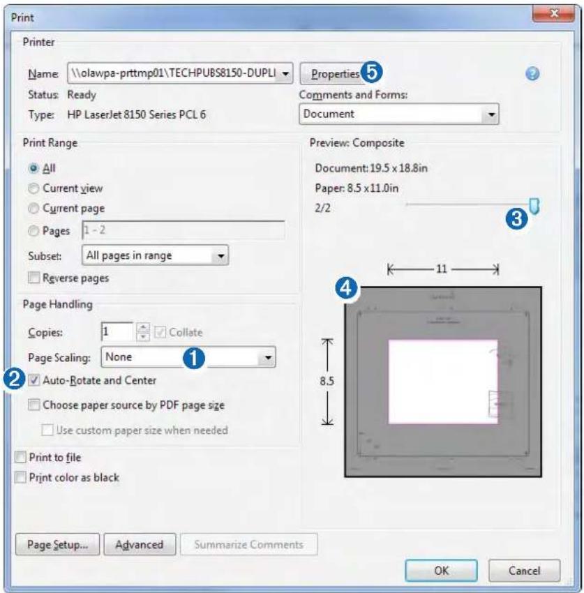 Print Printer Name: \olawpa-prttmp01\TECHPUBS8150-DUPLI Properties ⑤ Status: Ready Type: HP LaserJet 8150 Series PCL 6 Comments and Forms: Document Print Range All Current view Current page Pages 1 - 2 Subset: All pages in range Reverse pages Preview: Composite Document: 19.5 x 18.8in Paper: 8.5 x 11.0in 2/2 3 4 Page Handling Copies: 1 Collate Page Scaling: None Auto-Rotate and Center Choose paper source by PDF page size Use custom paper size when needed Print to file Print color as black 8.5 Page Setup... Advanced Summarize Comments OK Cancel