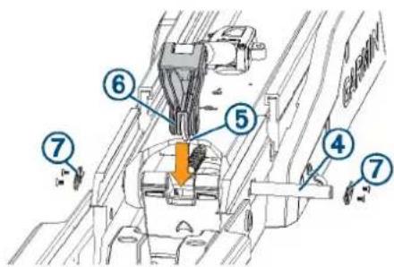 Technical diagram of a mechanical assembly with numbered components and directional arrows indicating parts of motion or force.