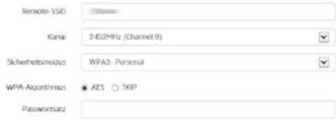 Remote-SSID Kanai 2452MHz (Channel 9) Sicherheitsmodus WPA2- Personal WPA-Algorithmus AES TKIP Passworbatz