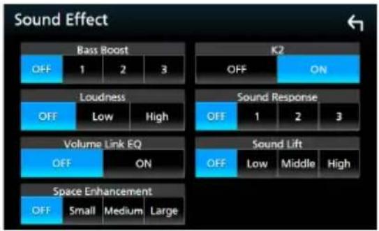 Sound Effect Bass Boost OFF 1 2 3 K2 OFF ON Loudness OFF Low High Sound Response OFF 1 2 3 Volume Link EQ OFF ON Sound Lift OFF Low Middle High Space Enhancement OFF Small Medium Large