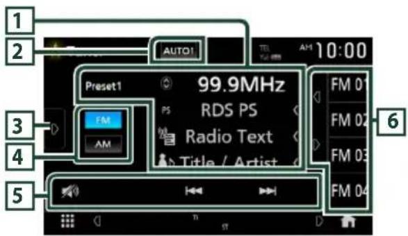 1 2 AUTO1 TEL AM 10:00 Preset1 99.9MHz RDS PS Radio Text Title / Artist FM AM 3 4 5 6