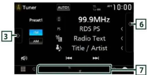 Tuner AUTO1 TEL AM 10:00 Preset1 99.9MHz FM PS RDS PS AM Radio Text Title / Artist 6 3 7