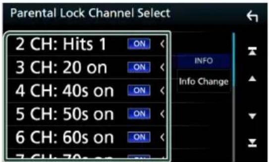 Parental Lock Channel Select 2 CH: Hits 1 ON 3 CH: 20 on ON 4 CH: 40s on ON 5 CH: 50s on ON 6 CH: 60s on ON 7 CH: 70s on ON