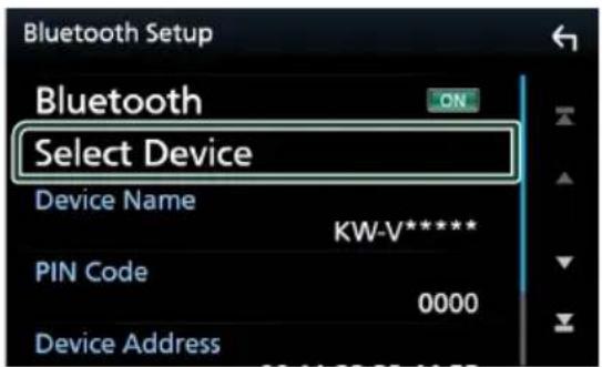 Bluetooth Setup Bluetooth ON Select Device Device Name KW-V**** PIN Code 0000 Device Address
