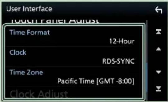 User Interface TOUCH PANEL ADJUST Time Format 12-Hour Clock RDS-SYNC Time Zone Pacific Time [GMT -8:00] Clock Adjust