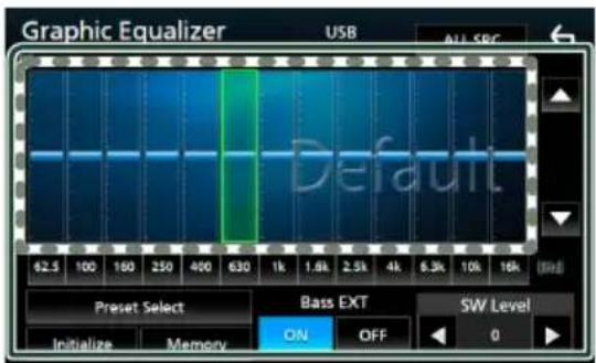 Graphic Equalizer USB ALL SRC Default 42.5 100 160 250 400 630 1k 1.8k 2.5k 4k 6.3k 10k 16k Preset Select Bass EXT SW Level Initialize Memory ON OFF 0