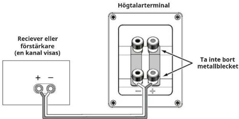 Högtalarterminal Receiver eller förstärkare (en kanal visas) + - Ta inte bort metallblecket