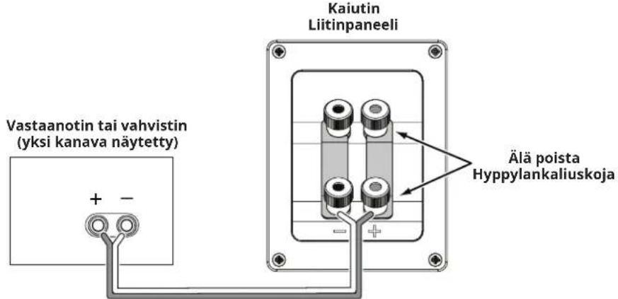 Vastaanotin tai vahvistin (yksi kanava näytetty) + - Kaiutin Liitinpaneeli Älä poista Hyppylankaliuskoja