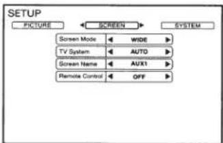 SETUP PICTURE SCREEN SYSTEM Screen Mode WIDE TV System AUTO Screen Name AUX1 Remote Control OFF