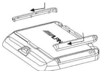 Technical diagram of a device with labeled components and directional arrows indicating assembly or movement