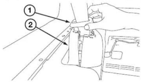 Technical diagram showing a hand operating a mechanical component with numbered callouts indicating parts 1 and 2.