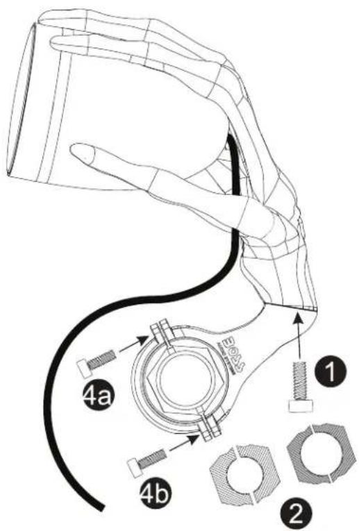 Technical diagram of a robotic hand with labeled parts and assembly steps