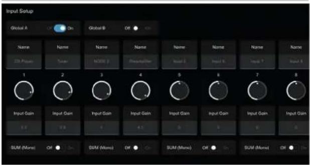Input Setup Global A On Global B Off Name Name Name Name Name Name Name Name ZB Power Tuner InWt (P) Phosphatase Input 1 Input 2 Input 3 Input 4 1 2 3 4 5 6 7 8 Input Gain Input Gain Input Gain Input Gain Input Gain Input Gain Input Gain SUM (Mono) OR ● On SUM (Mono) Off ● On SUM (Mono) OR ● On SUM (Mono) OR ● On
