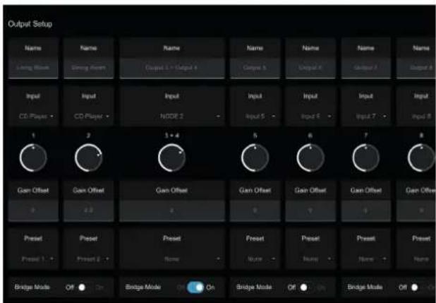 Output Setup Name Name Name Name Name Name Name Long Window Strong Norm Output 1 - Output 4 Output 5 Output 6 Output 7 Output 8 Input Input Input Input Input Input Input CD Player CD Player NODE 2 Input S Input E Input 7 Input B 1 2 3 + 4 5 6 7 8 Gain Offset Gain Offset Gain Offset Gain Offset Gain Offset Gain Offset Gain Offset 0 2.5 3 4 5 6 7 8 Preset Preset Preset Preset Preset Preset Preset Preset Preset Preset Preset Preset Preset Preset Preset Preset Bridge Mode Off On Bridge Mode On Bridge Mode Off On Bridge Mode Off