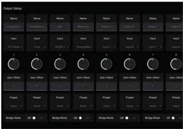 Output Setup Name Name Name Name Name Name Name Name Long Room Long Room Gan Increment Output 1 Output 2 Output 3 Output 4 Output 5 Output 6 Output 7 Output 8 Input Input Input Input Input Input Input Input Input CD Player Turret MODE 2 Pneampifier Input 3 Input 4 Input 5 Input 6 Input 7 Input 8 1 2 3 4 5 6 7 8 Gain Offset Gain Offset Gain Offset Gain Offset Gain Offset Gain Offset 0 1 2 3 4 5 6 7 8 Preset Preset Preset Preset Preset Preset Preset Preset Preset Preset Name Name Name Name Name Name Name Name Bridge Mode Off Bridge Mode Off Bridge Mode Off Bridge Mode Off