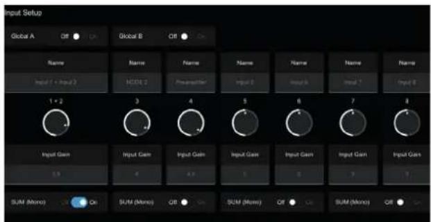 Input Setup Global A Off ● Ca Global B Off ● Cn Name None Bname PName Name Name Name Name Name Name Name Input 1 - Input 2 NODE 2 Presetber Input 3 Input 4 Input 5 Input 6 Input 7 Input 8 1 + 2 3 4 5 6 7 8 Input Gain.Input Gain.Input Gain.Input Gain.Input Gain.Input Gain SUM (Mono) Co Ci SUM (Mono) CR ○ CS SUM (Mono) CF ○ CG SUM (Mono) CI ○ CJ