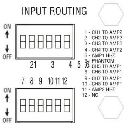 INPUT ROUTING ON ↑ ↓ OFF 21 3 4 5 6 7 8 9 10 11 12 ON ↑ ↓ OFF 1 - CH1 TO AMP2 2 - CH2 TO AMP2 3 - CH3 TO AMP2 4 - CH4 TO AMP2 5 - AMP1 Hi-Z 6 - PHANTOM 7 - CH5 TO AMP1 8 - CH6 TO AMP1 9 - CH7 TO AMP1 10 - CH8 TO AMP1 11 - AMP2 Hi-Z 12 - NC