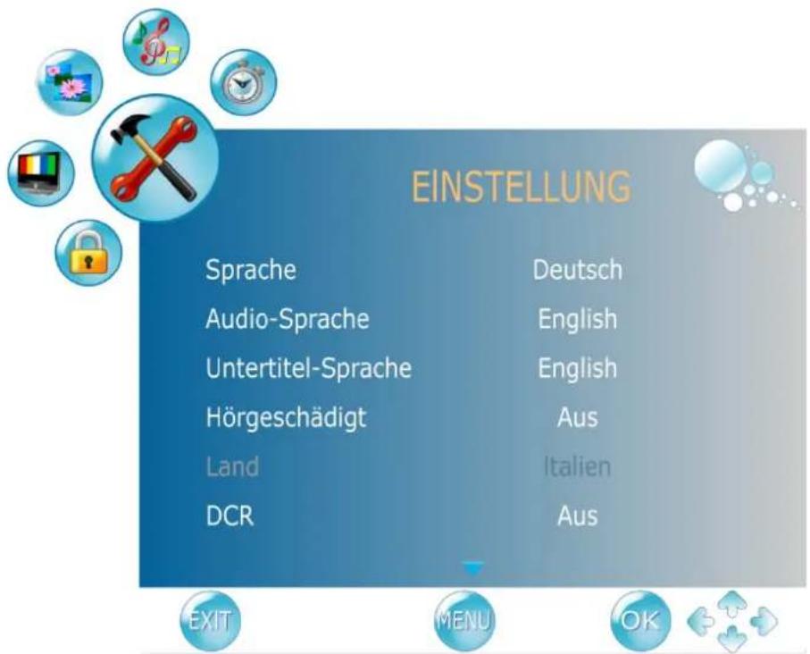 EINSTELLUNG Sprache Deutsch Audio-Sprache English Untertitel-Sprache English Hörgeschädigt Aus Land Italien DCR Aus EXIT MENU OK