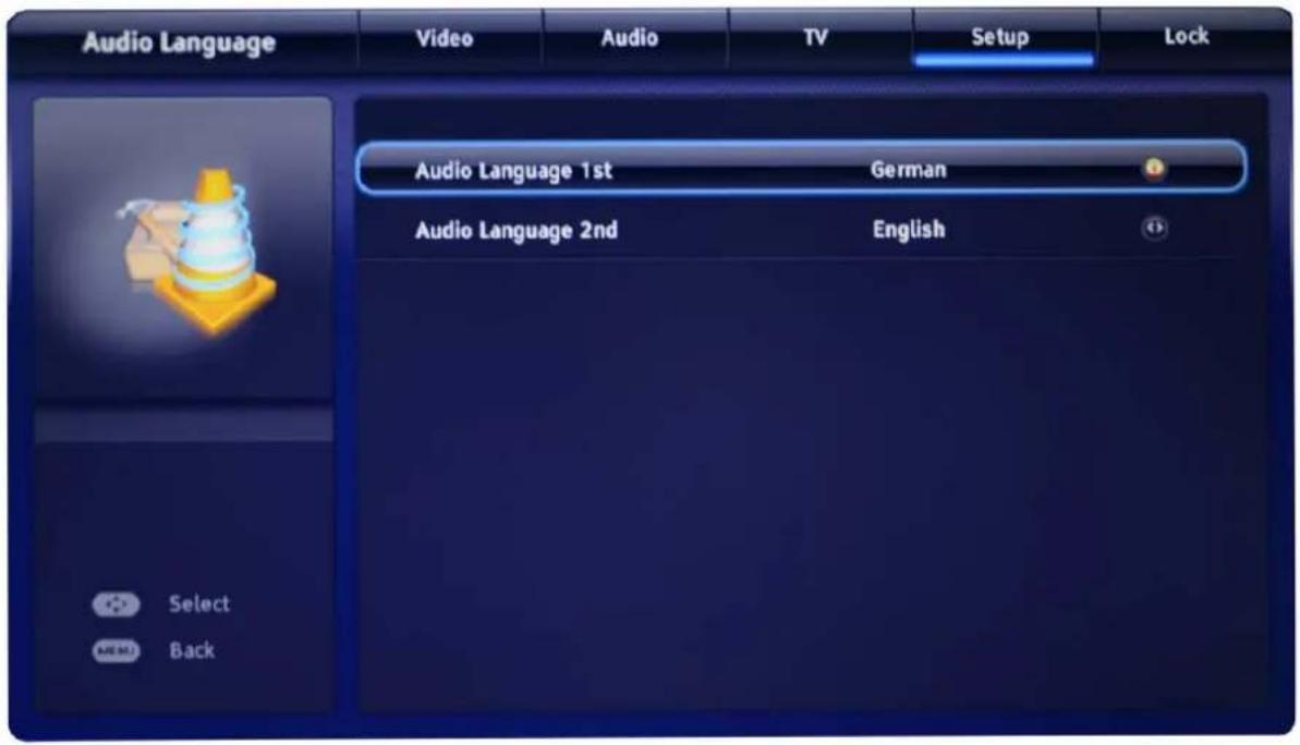Audio Language Video Audio TV Setup Lock Audio Language 1st German Audio Language 2nd English Select Back