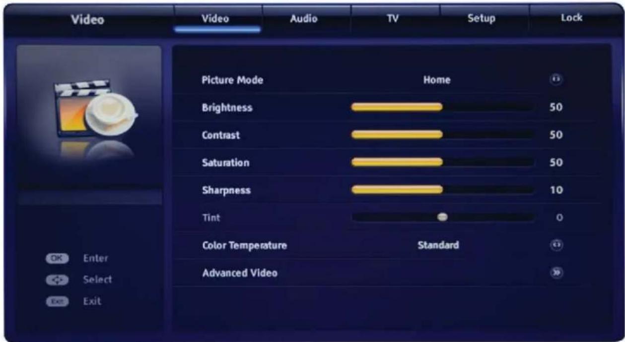 Video Video Audio TV Setup Lock Picture Mode Home Brightness 50 Contrast 50 Saturation 50 Sharpness 10 Tint 0 Color Temperature Standard Advanced Video OK Enter Select Exit Exit