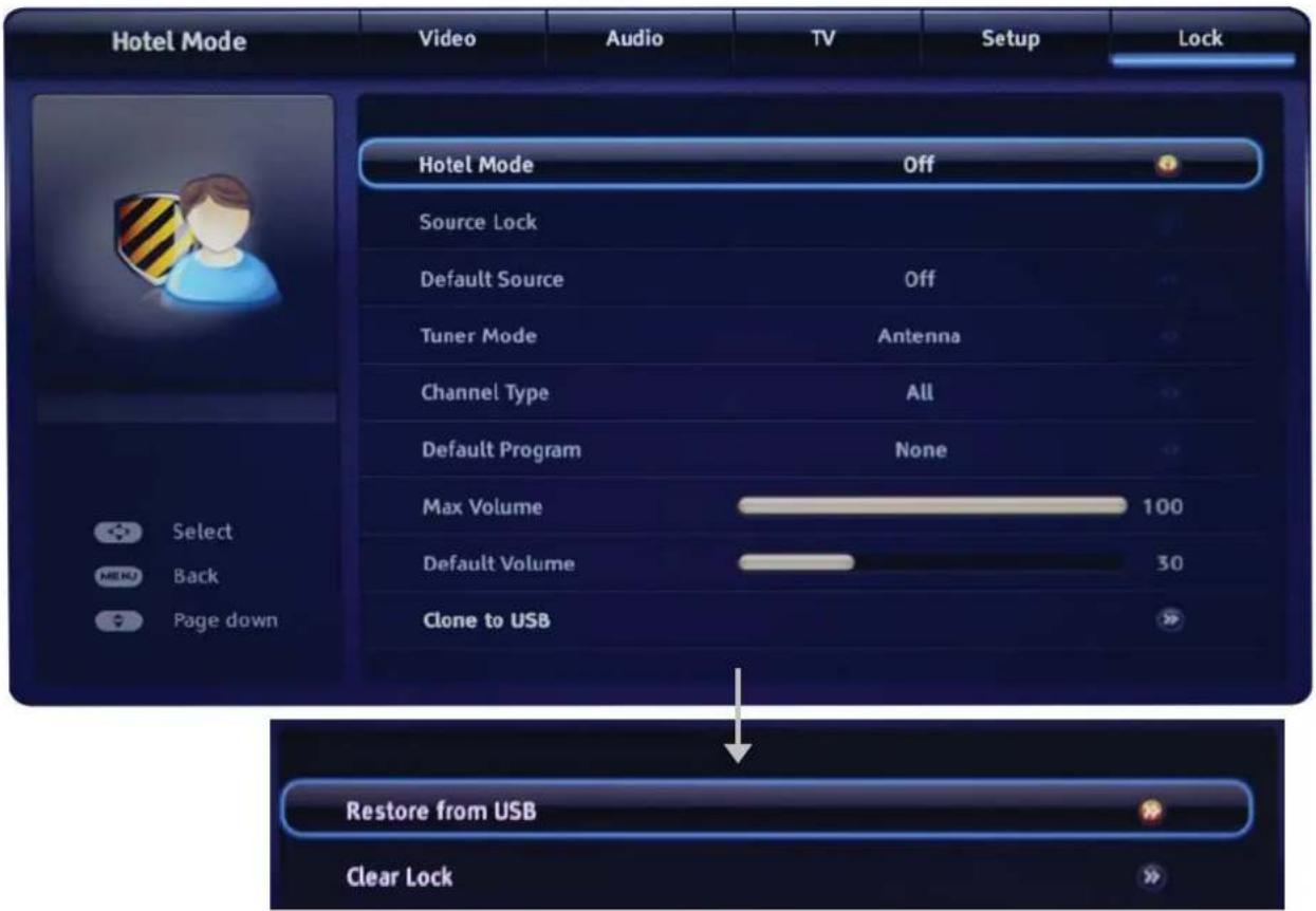 Hotel Mode Video Audio TV Setup Lock Hotel Mode Off Source Lock Default Source Off Tuner Mode Antenna Channel Type All Default Program None Max Volume 100 Default Volume 30 Clone to USB Select Back Page down Restore from USB Clear Lock