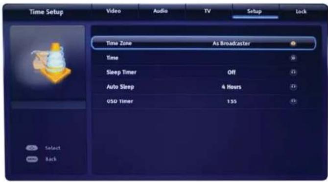 Time Setup Video Audio TV Setup Lock Time Zone As Broadcaster Time Sleep Timer Off Auto Sleep 4 Hours GSD Timer 135 Select Back