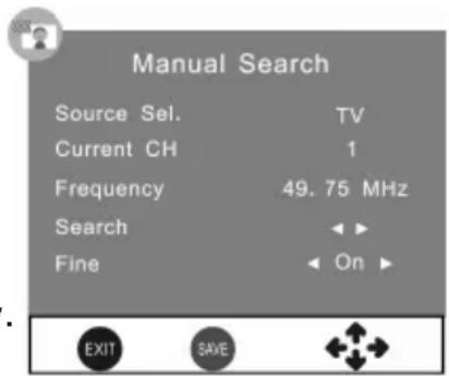 Manual Search Source Sel. TV Current CH 1 Frequency 49.75 MHz Search ▶ Fine ▶ On ▶ EXIT SAVE