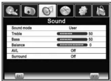 Sound Sound mode User Treble ********* 50 Bass ********* 50 Balance ********* 0 AVL Off Surround Off