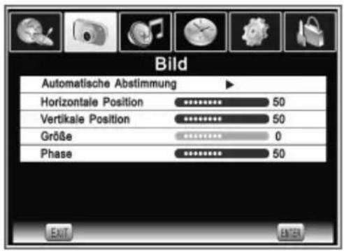 Bild Automatische Abstimmung Horizontale Position 50 Vertikale Position 50 Größe 0 Phase 50 EXIT ENTER