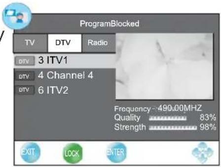 ProgramBlocked TV DTV Radio DTV 3 ITV1 DTV 4 Channel 4 DTV 6 ITV2 Frequency: 490.00MHz Quality 83% Strength 98% EXIT LOCK ENTER