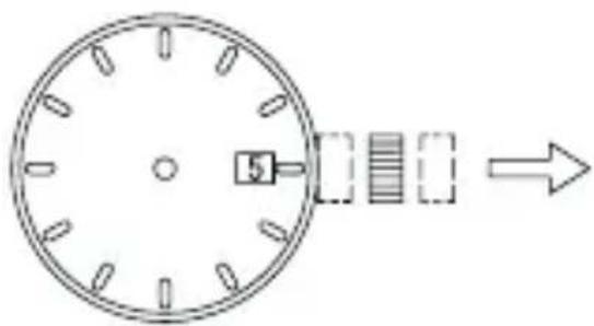 Diagram showing a circular dial with internal components and an arrow indicating direction, possibly representing a process or measurement.
