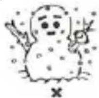 Cartoon illustration of a snowman holding a small object, with snow falling in the background (no text or symbols)