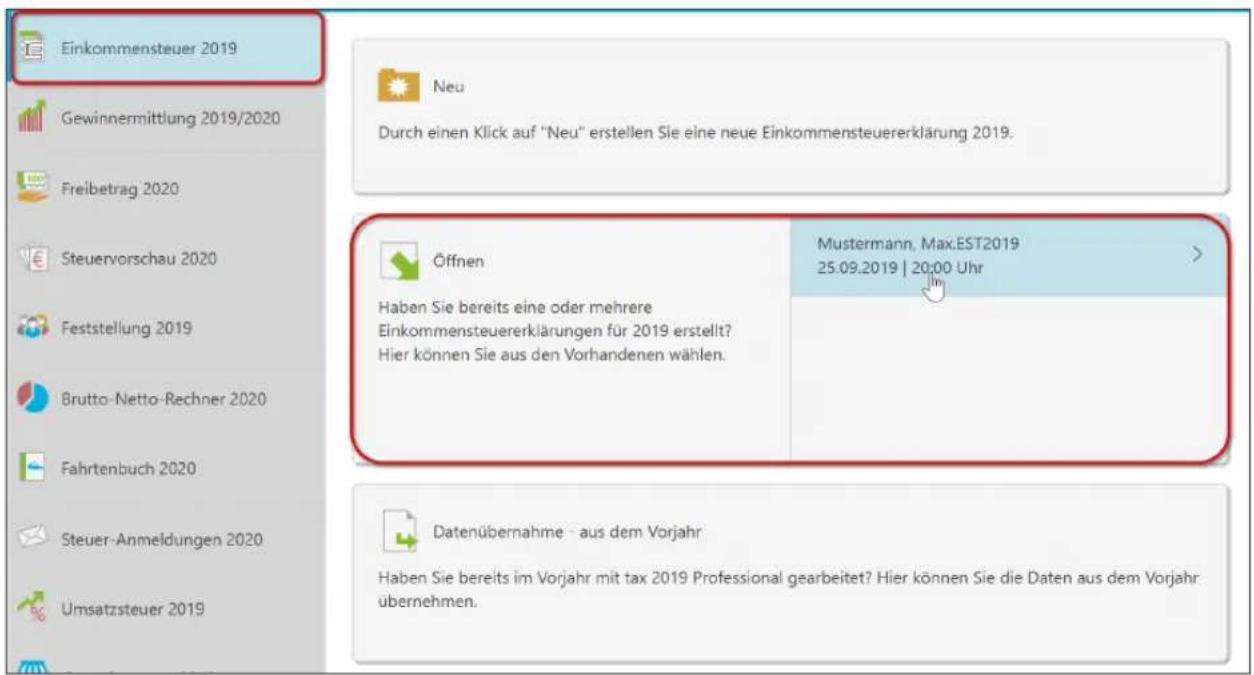 Buhl Tax 2020 - Eine bestehende Steuererklärung öffnen - 1