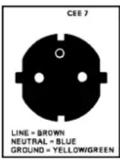 CEE 7 LINE = BROWN NEUTRAL = BLUE GROUND = YELLOW/GREEN