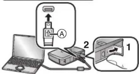 Diagram showing a device connection setup with labeled parts: laptop, printer, and cable being inserted into a device.