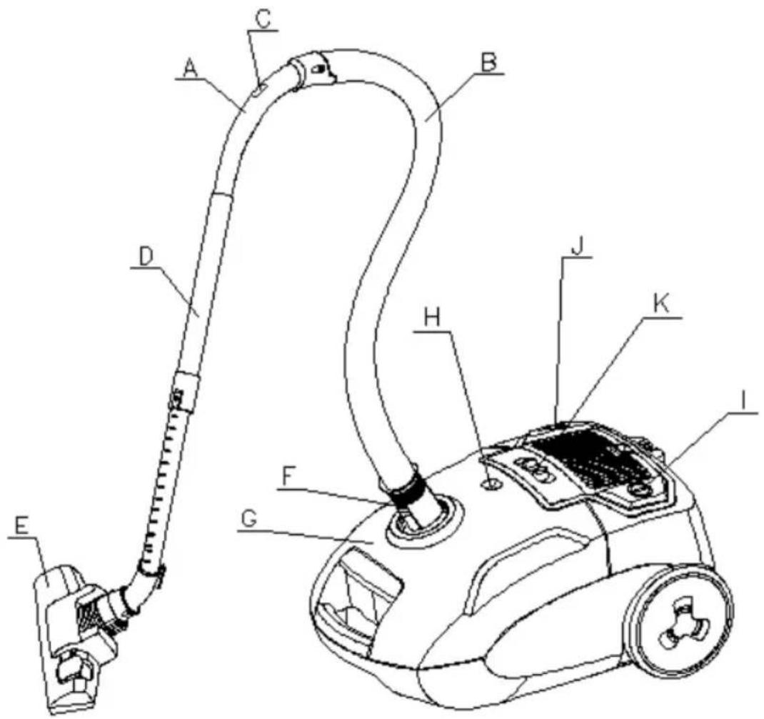 Technical diagram of a vacuum cleaner with labeled parts from A to J