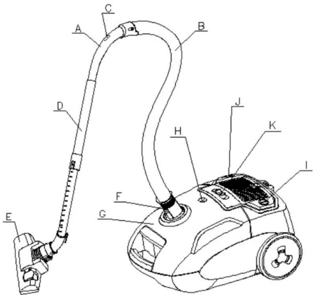 Technical diagram of a vacuum cleaner with labeled parts from A to J