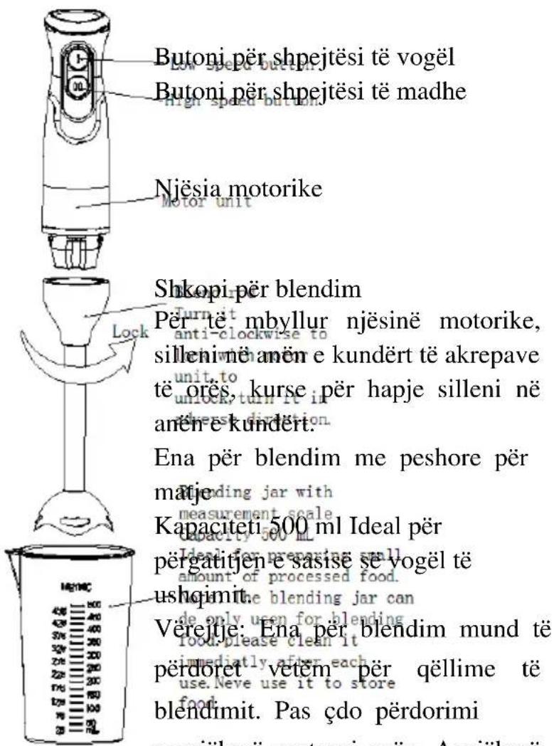 Butoni për shpejtësi të vogël Low speed butelir. Butoni për shpejtësi të madhe high speed buteliris Njësia motorike Motor unit Shkopi për blendim Për të mbyllur njësinë motorike, anti-clockwise to silleninë anën e kundërt të akrepave unit.to unlock turn it in anën e kundërt: Ena për blendim me peshore për mäje flending jar with measurement scale capacity 500 mL Ideal për përgatitjen e saisise se vogël të amount of processed food. ushqimit the blending jar can de only use for blending food,please clean it immediately after each use. Neve use it to store food Vërettje: Ena për blendim mund të përdoret vetem për qëllime të blendimit. Pas çdo përdorimi monjäheri nastroni anën. Asnijäheri