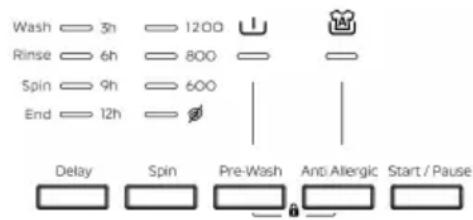 Wash 3h 1200 Rinse 6h 800 Spin 9h 600 End 12h Delay Spin Pre-Wash Anti Allergic Start / Pause