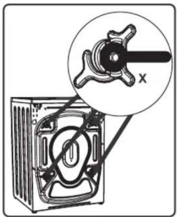 Diagram of a refrigerator with an inset showing a mechanical component labeled 'X' and a crosshair symbol.