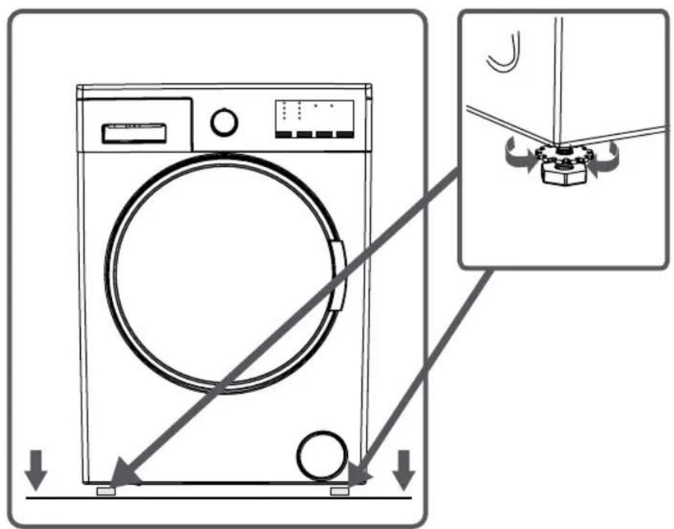 Diagram showing a washing machine with directional arrows and a close-up of its component being adjusted.