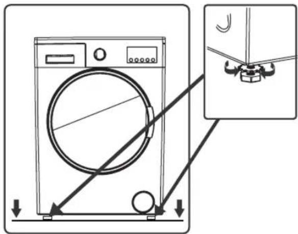 Diagram showing a washing machine with directional arrows and a close-up of its component detail, likely illustrating a mechanical or electrical setup.