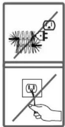 Safety warning illustration showing two methods: one using a power plug to prevent electrical hazard, the other using a hand holding an electrical socket.