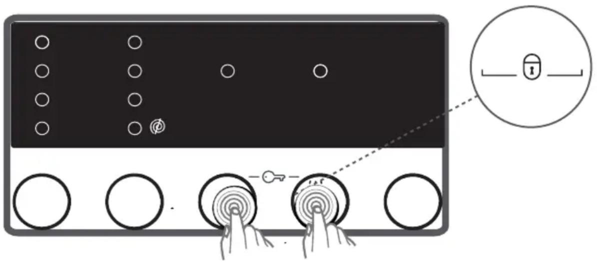Diagram showing a device with multiple circular buttons and a lock icon, connected to a button labeled 'i'.