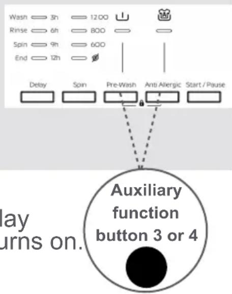 Wash 3h 1200 Rinse 6h 800 Spin 9h 600 End 12h Delay Spin Pre-Wash Anti Allergic Start / Pause Auxiliary function button 3 or 4 lay turns on.